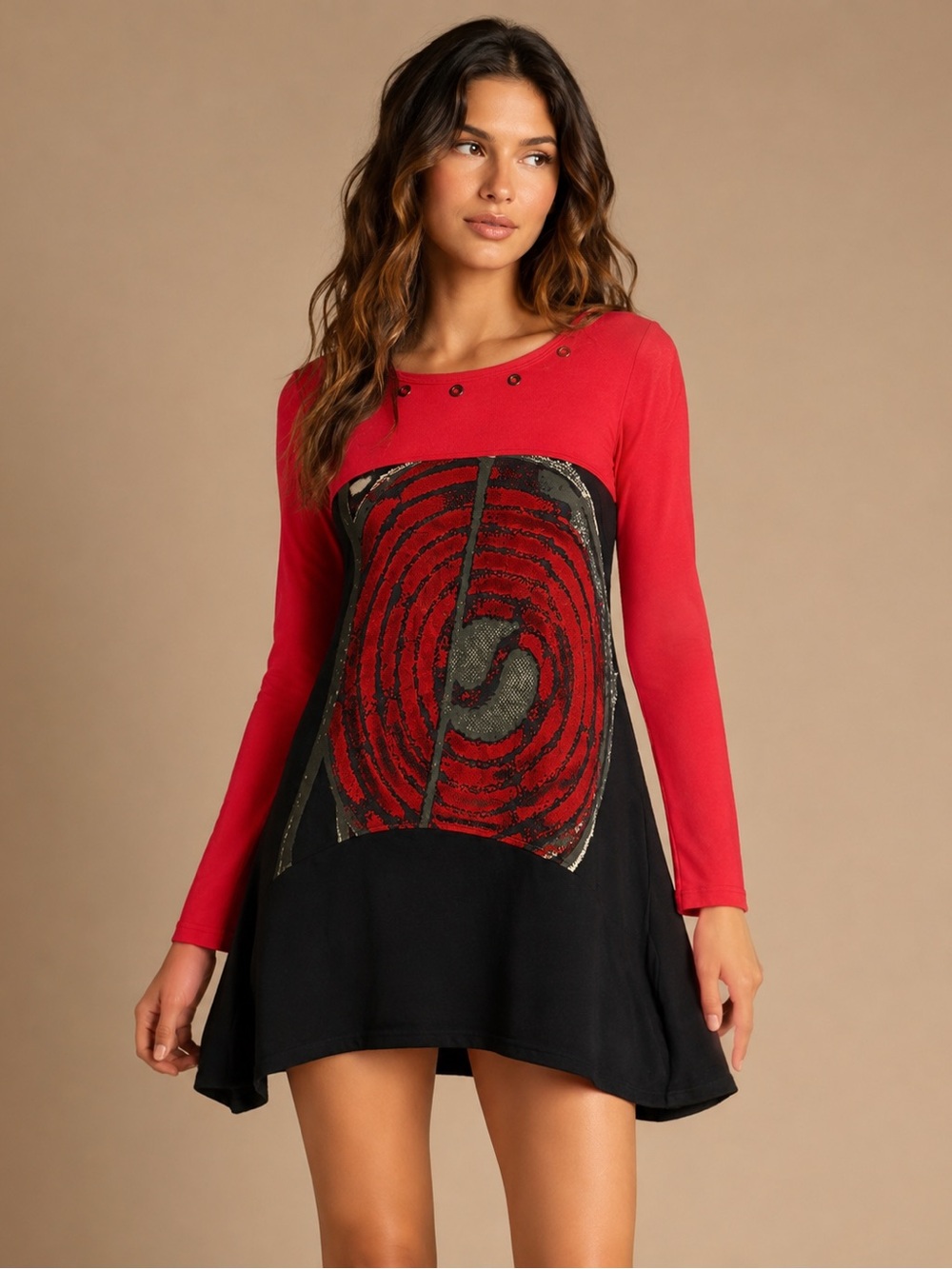 Isabel Red Black Abstract Long Sleeve Tunic Dress Size S